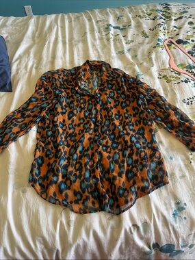 ASOS Orange and Teal Leopard Print Satin Blouse